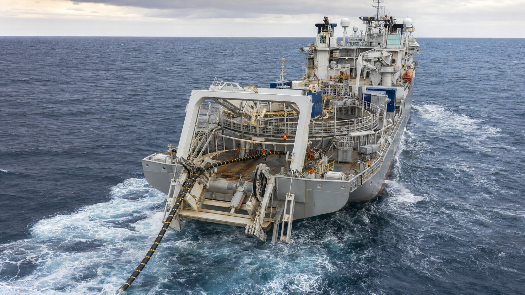 A cable-laying ship at sea, spooling fibre optic cable off its stern into the ocean