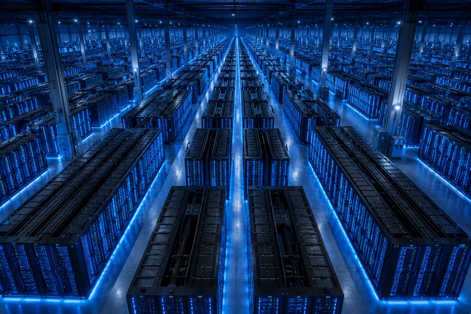 Interior of a modern hyperscale data center, endless rows of server racks lit blue