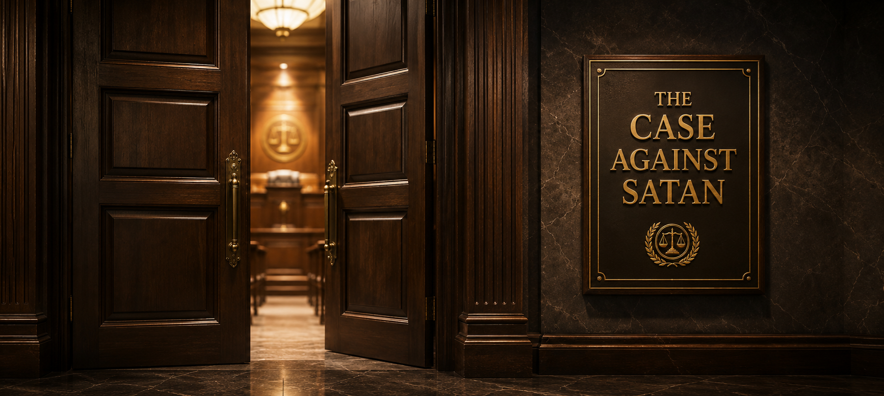 Courtroom doors ajar, sign reading The Case Against Satan