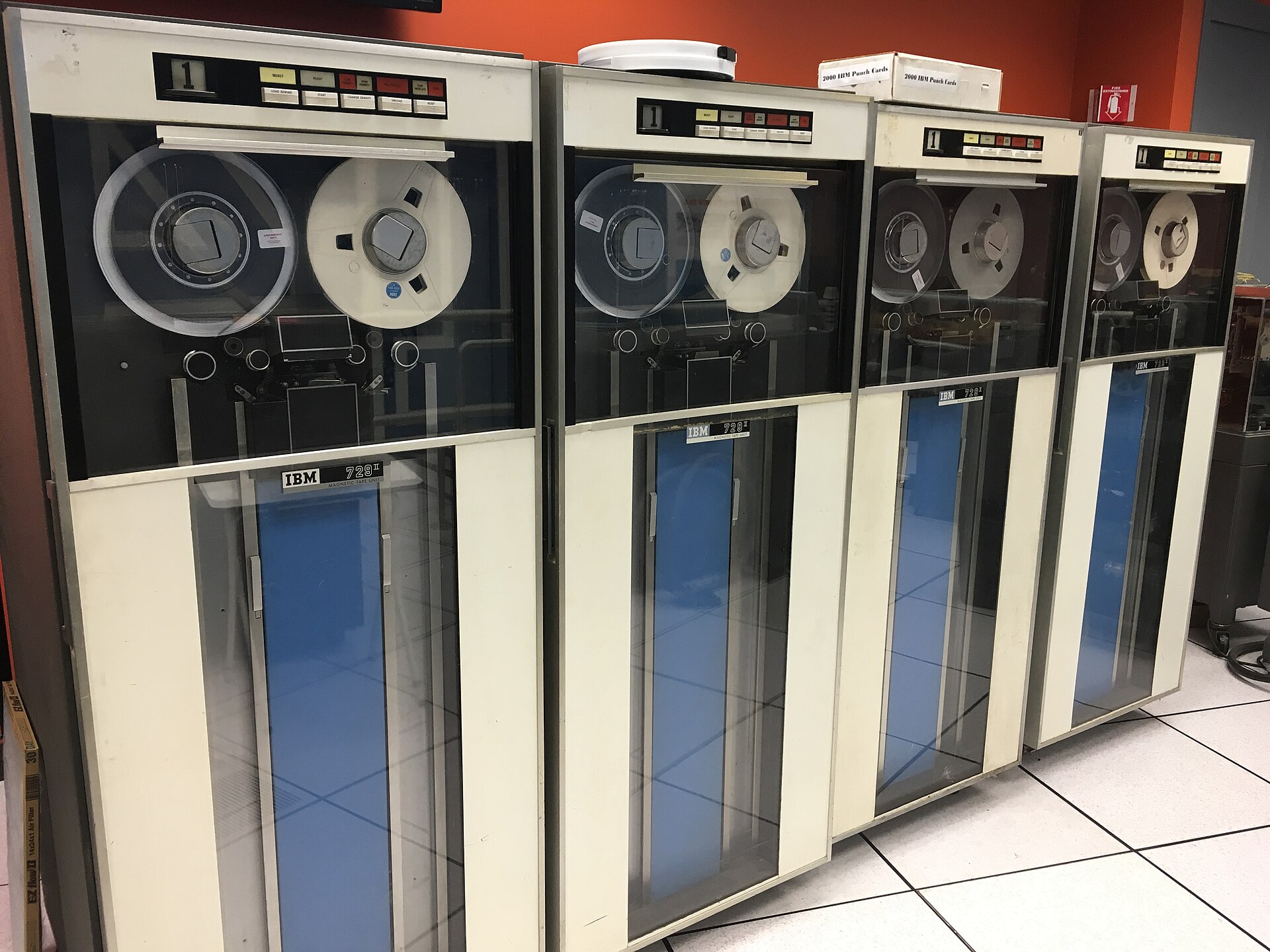 IBM 729 magnetic tape drive, twin reels mounted like eyes on a single upright cabinet