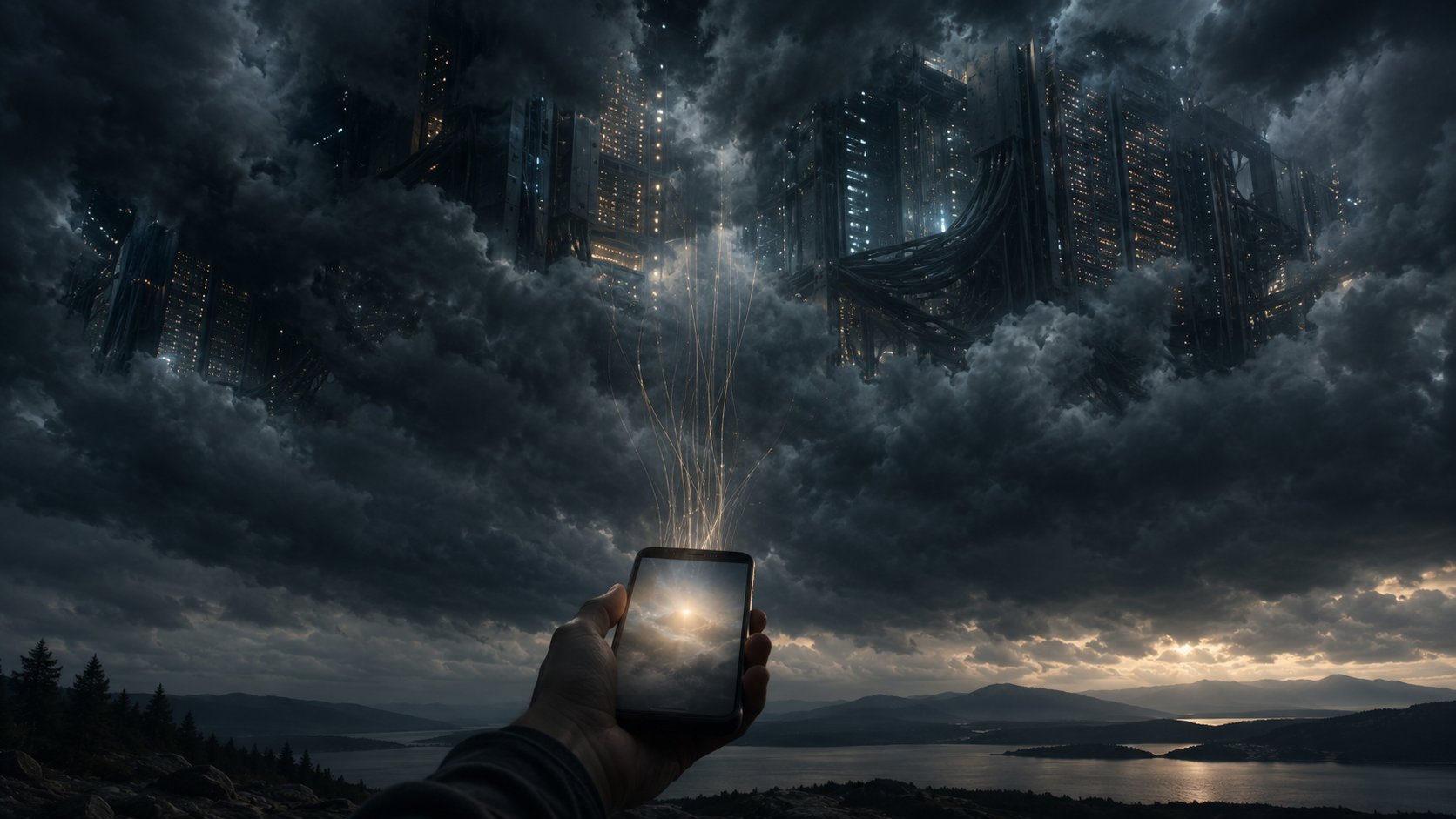 A hand holds up a glowing phone; threads of light rise from it into storm clouds that hide towering racks of iron machinery