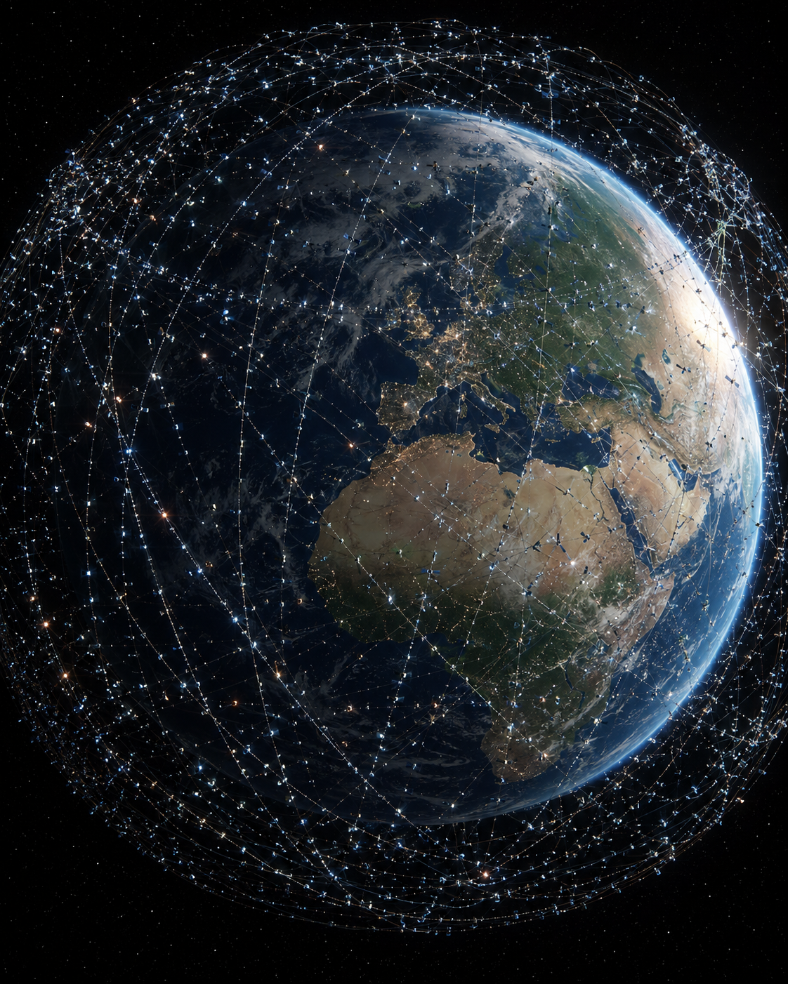 A constellation of satellites encircling Earth, connected by orbital data links